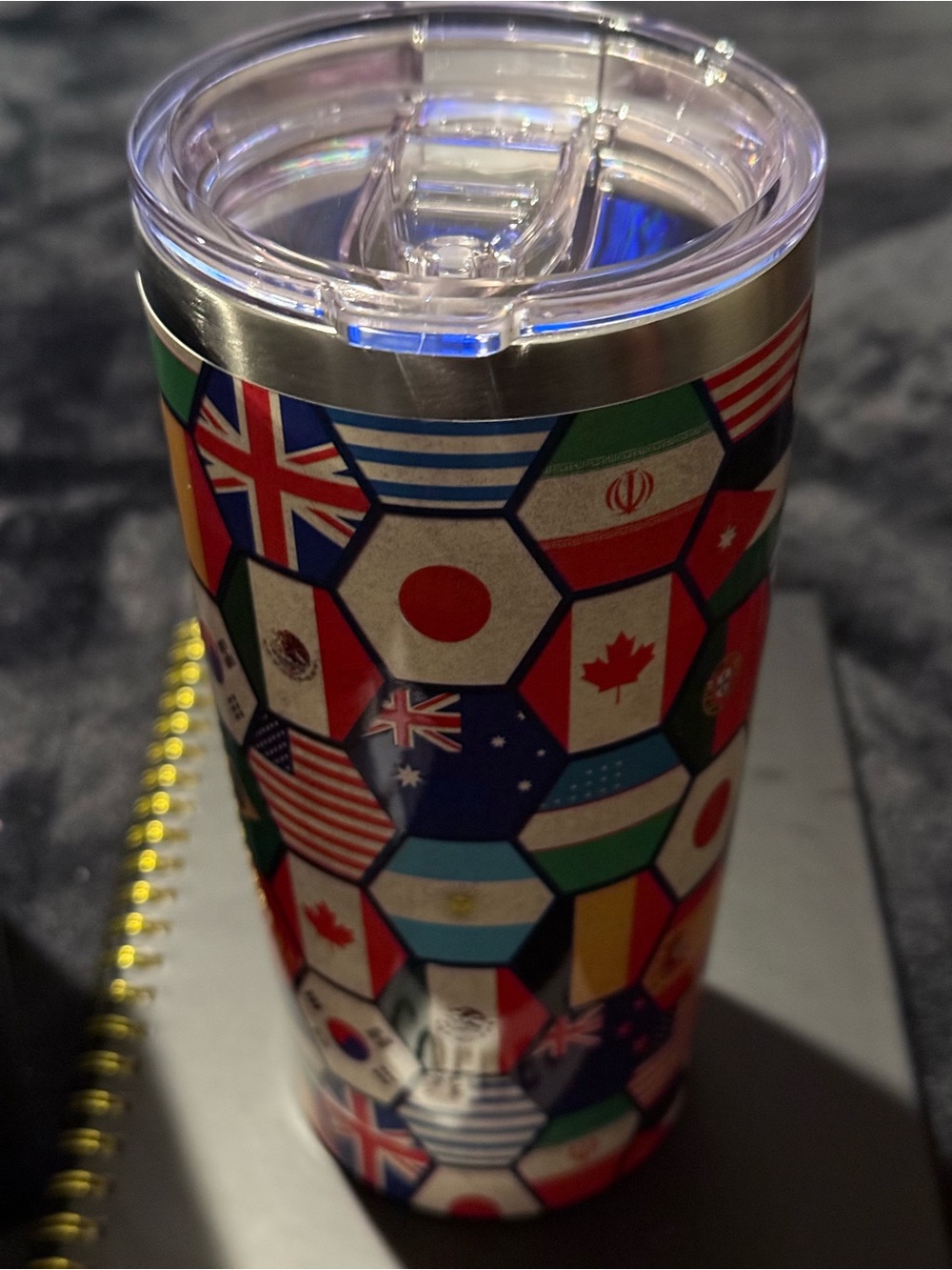 Insulated Travel Tumbler with International Flag Pattern - Red, Blue, Green